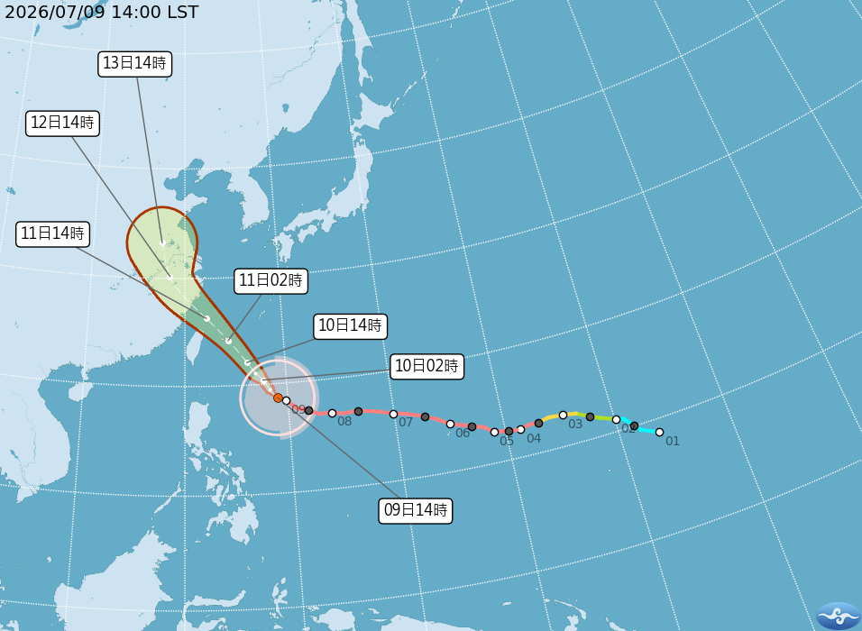 巴威颱風預測路徑,挾帶七級風,暴風半徑達380公里,預計於明日影響台灣。(取自中央氣象署)