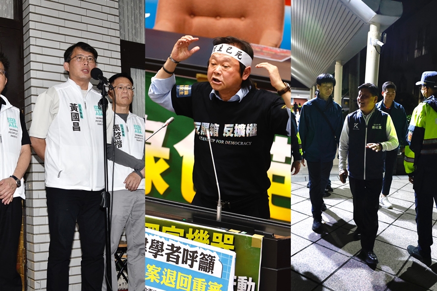 王世堅（中）昨日在國會痛罵國民黨總召傅崐萁（右）與民眾黨總召黃國昌（左），右圖為傅崐萁昨在多名警力護送下離開立院。