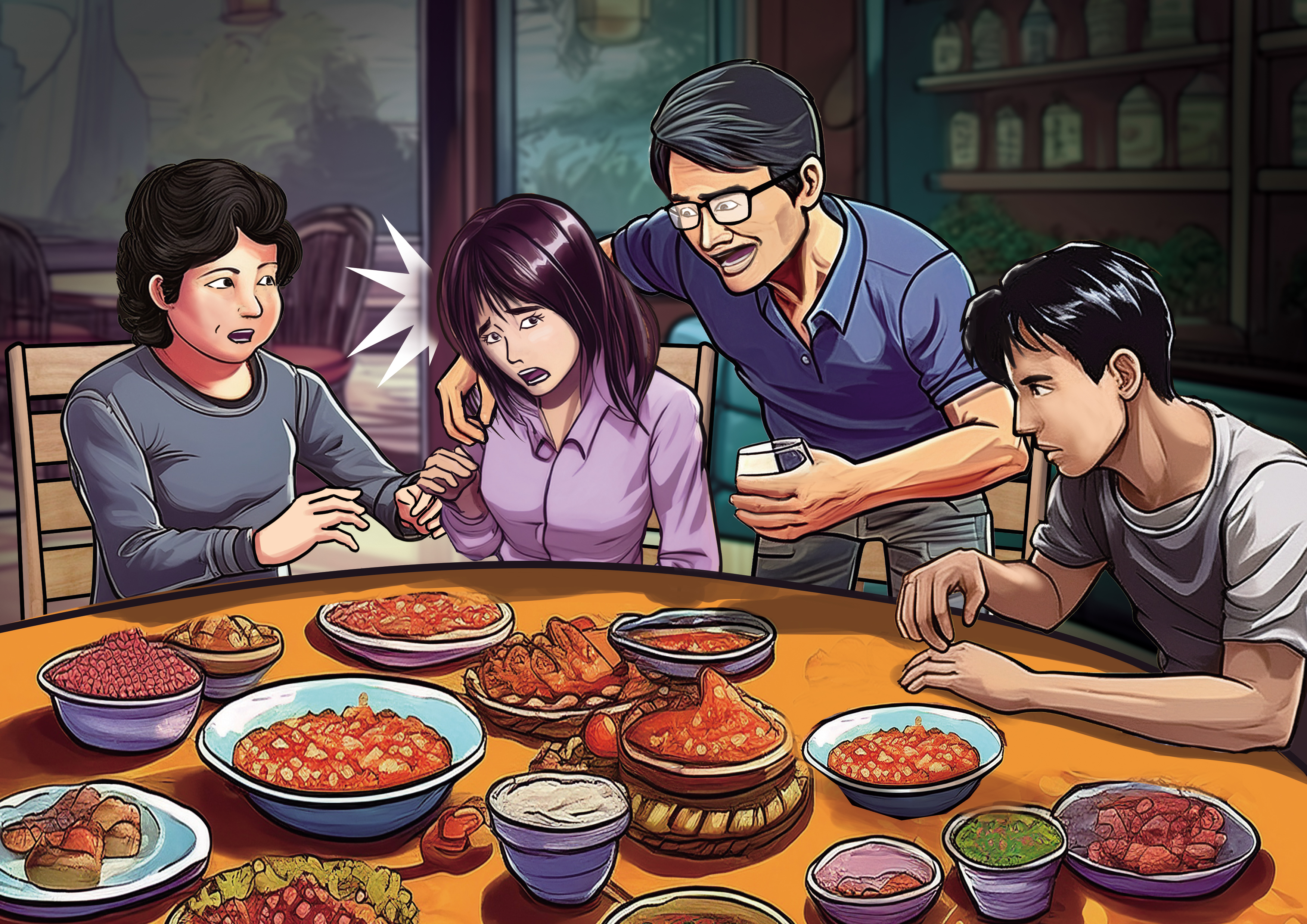 國安局組長謝亞里去年初在餐會上，對移民署女主管搭肩、摟背，引發爭議。（AI繪圖Adobe Firefly生成，本刊美術組後製）