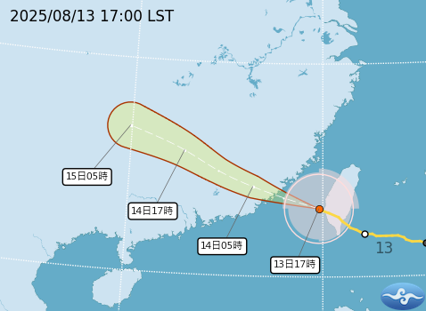 楊柳颱風過去3小時強度稍減弱，中心已於16時左右於台南市七股附近出海，目前中心位置在澎湖南南東方近海，未來向西北西移動。（翻攝自中央氣象署官網）