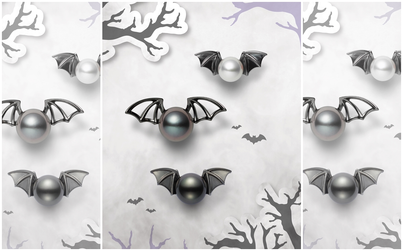 （由上至下）萬聖節系列珍珠單耳針式耳環NT$21,000、黑南洋珍珠胸針NT$33,000、黑南洋珍珠單耳針式耳環NT$52,000。（MIKIMOTO提供）