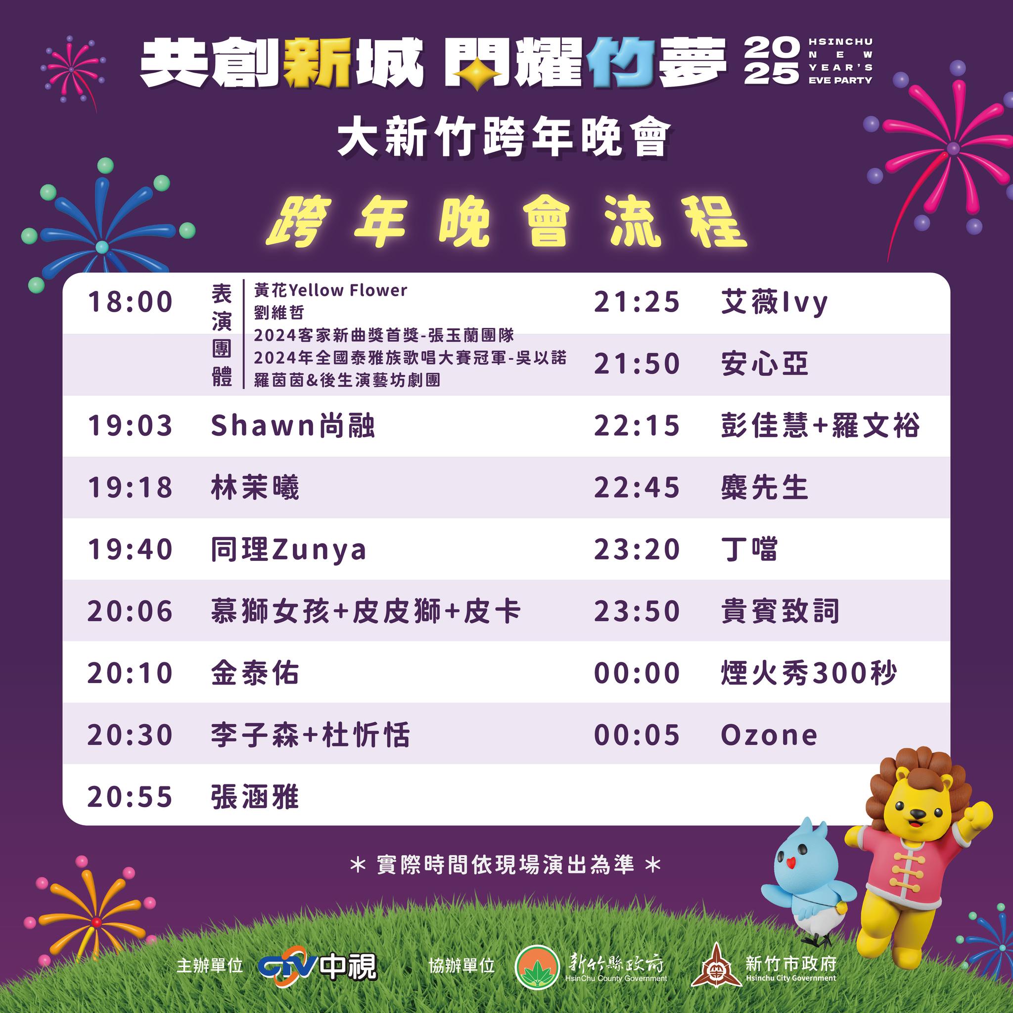 「2025大新竹跨年晚會」晚會流程。(實際時間依現場演出為準)