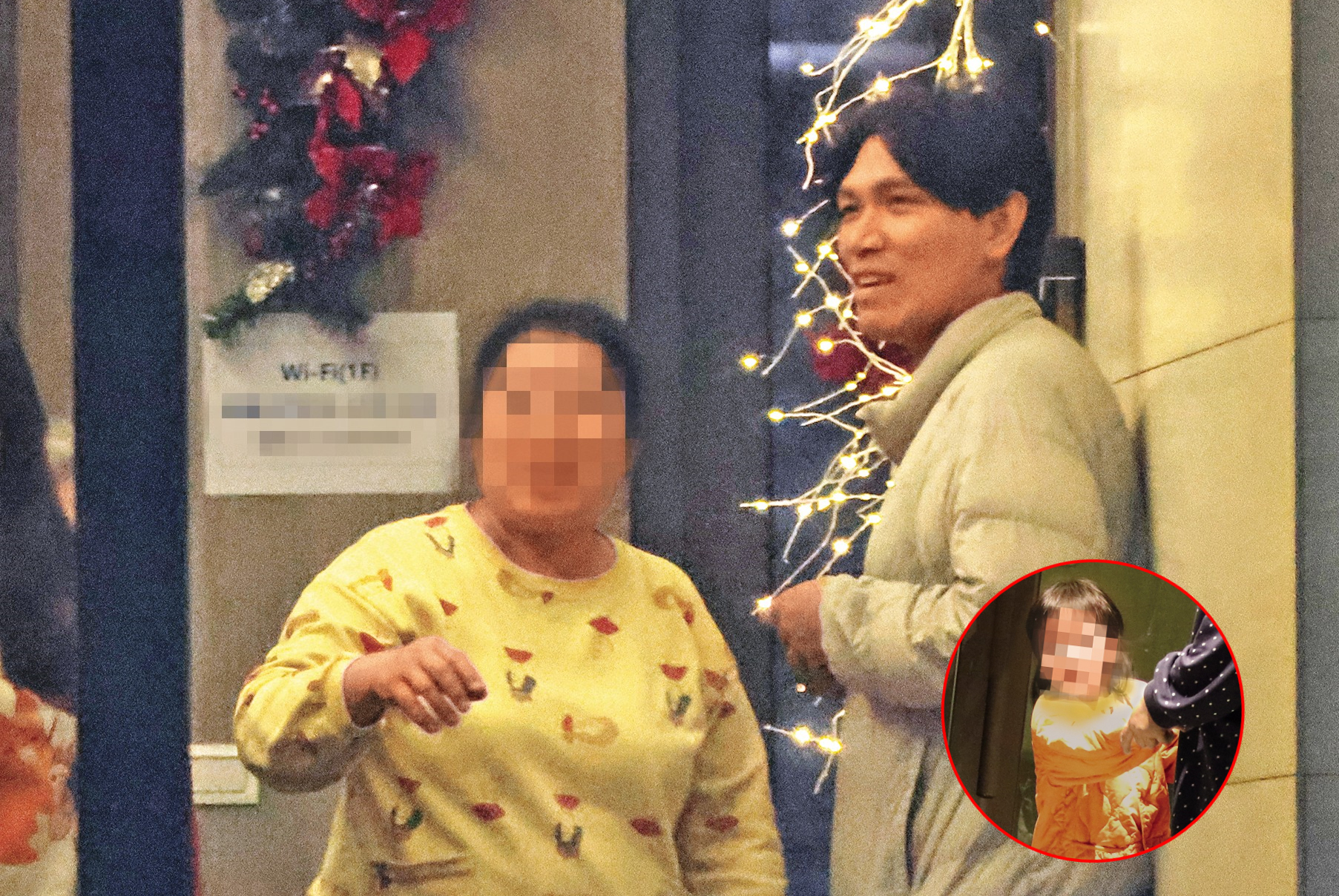 12/5 17：09，楊宗緯（右）出現在自家的社區大廳，與街坊鄰居互動熱切，更有爆料指他身邊經常跟著一名喊他「阿爸」的學齡前小男孩。