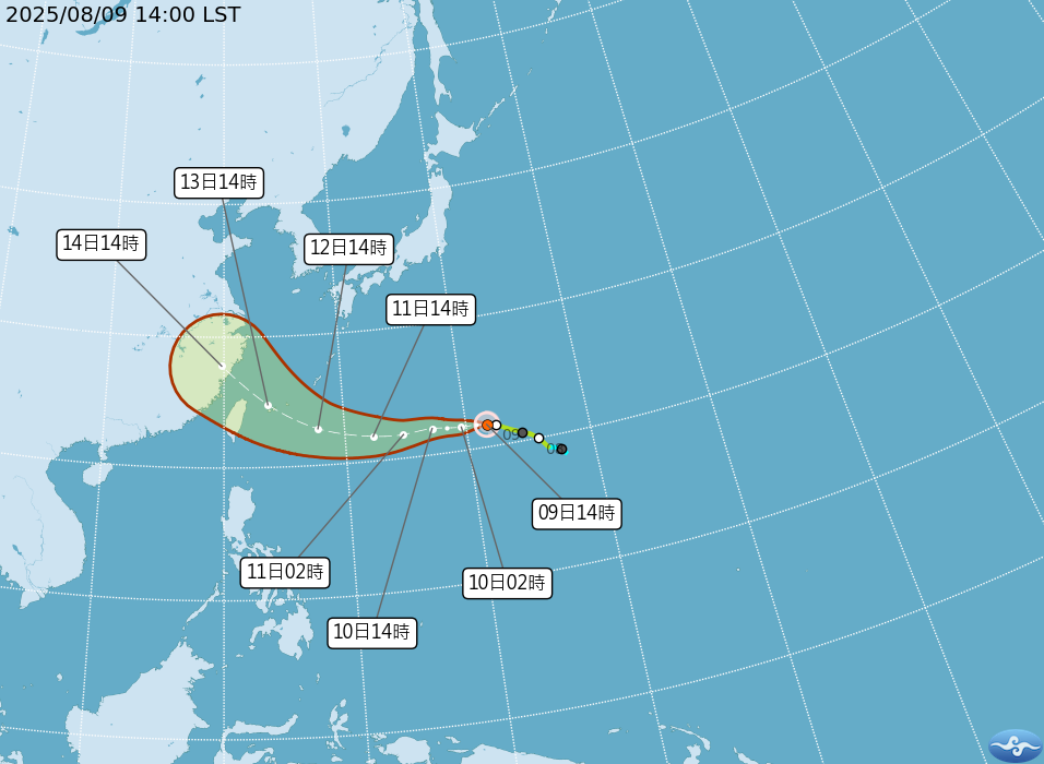 楊柳颱風未來預測路徑及暴風圈位置,13日、14日最接近台灣。(中央氣象署提供)