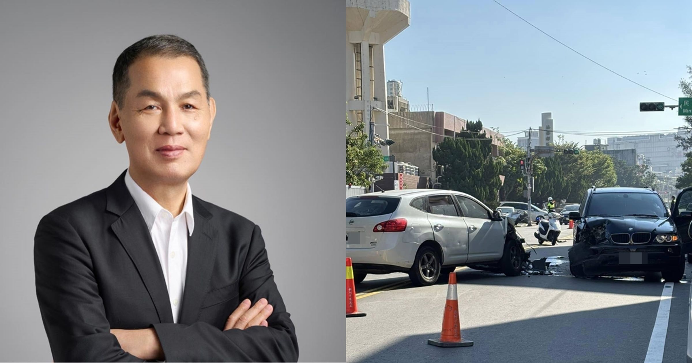 新竹市議員鄭成光（左）開車闖紅燈撞死18歲騎士，死者家屬悲痛萬分。（翻攝自鄭成光臉書、交通安全唬平安2.0臉書）