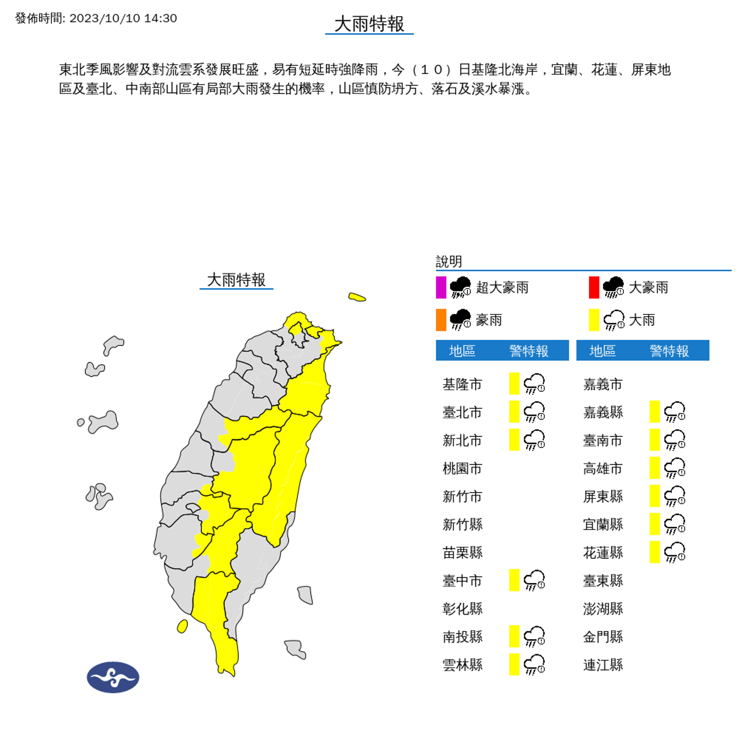 中央氣象署稍早發布大雨特報。(翻攝自氣象署)