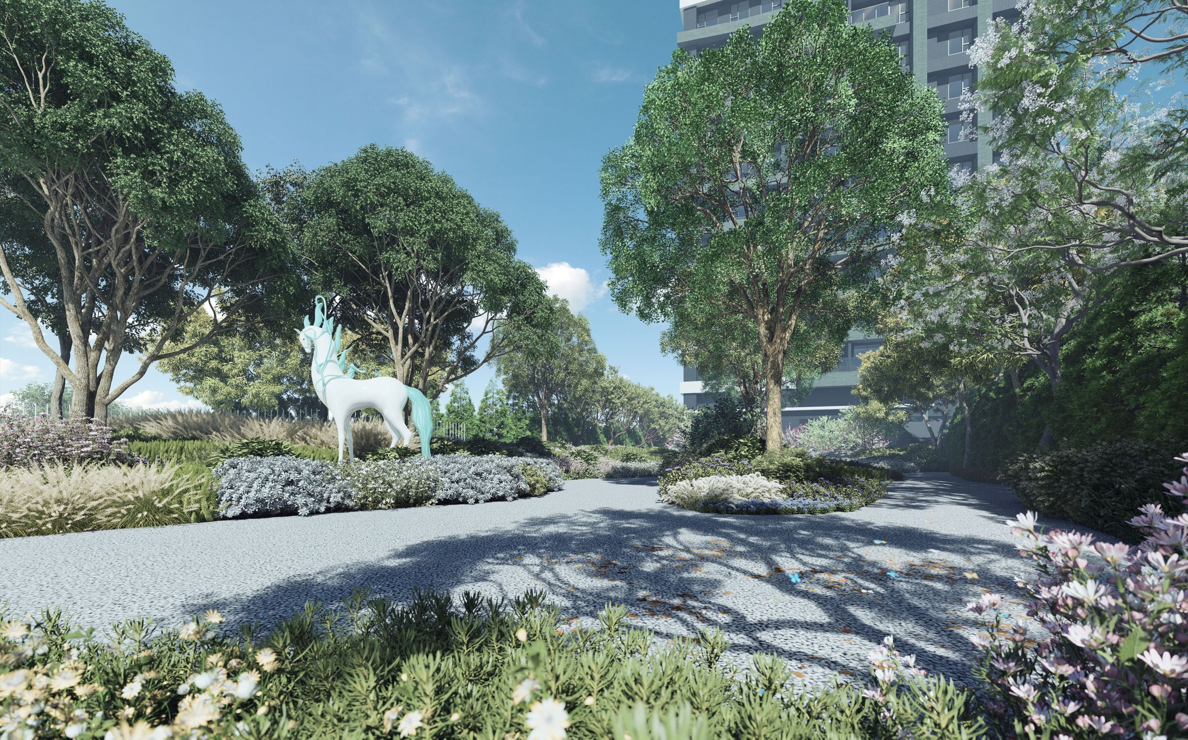 「鴻萃」庭園景觀由太研規劃設計顧問有限公司、吳書原操刀，以「小小森林」為概念，在狹長基地中保留綠意與留白，回到讓人住得舒適、能慢下來的居住初衷。（圖／鴻柏建設）