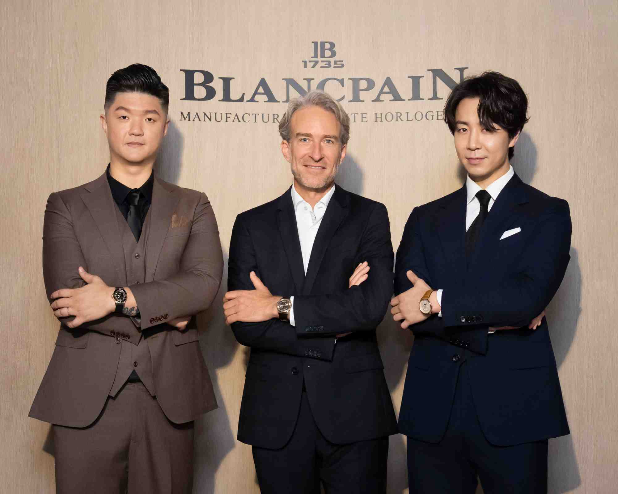 瑞士高級製錶品牌 BLANCPAIN 寶珀,於「台北 101」開設全新限時專賣店,並同步慶祝品牌與 Fine Dining 頂級餐飲藝術攜手同行的四十週年。(左起) 台灣首位 Friend of Blancpain 寶珀摯友林恬耀(Jimmy Lim)、Blancpain 全球銷售副總裁 Joachim Ziegler、韓國星級主廚孫鍾元(Son Jong Won)。