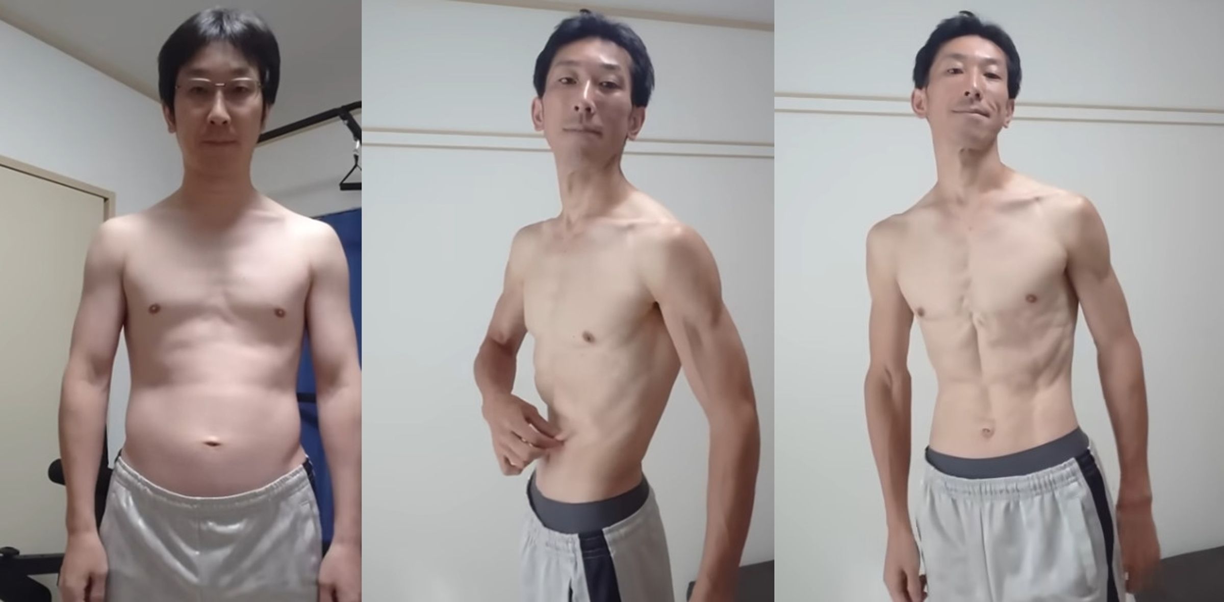 Tasuke經過3年的訓練,從原本大叔身材變成精壯的猛男。(翻攝YT@tasuke challenge Hero Name【中年野良トレーニー】)