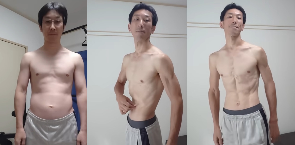 Tasuke經過3年的訓練，從原本大叔身材變成精壯的猛男。（翻攝YT@tasuke challenge Hero Name【中年野良トレーニー】）
