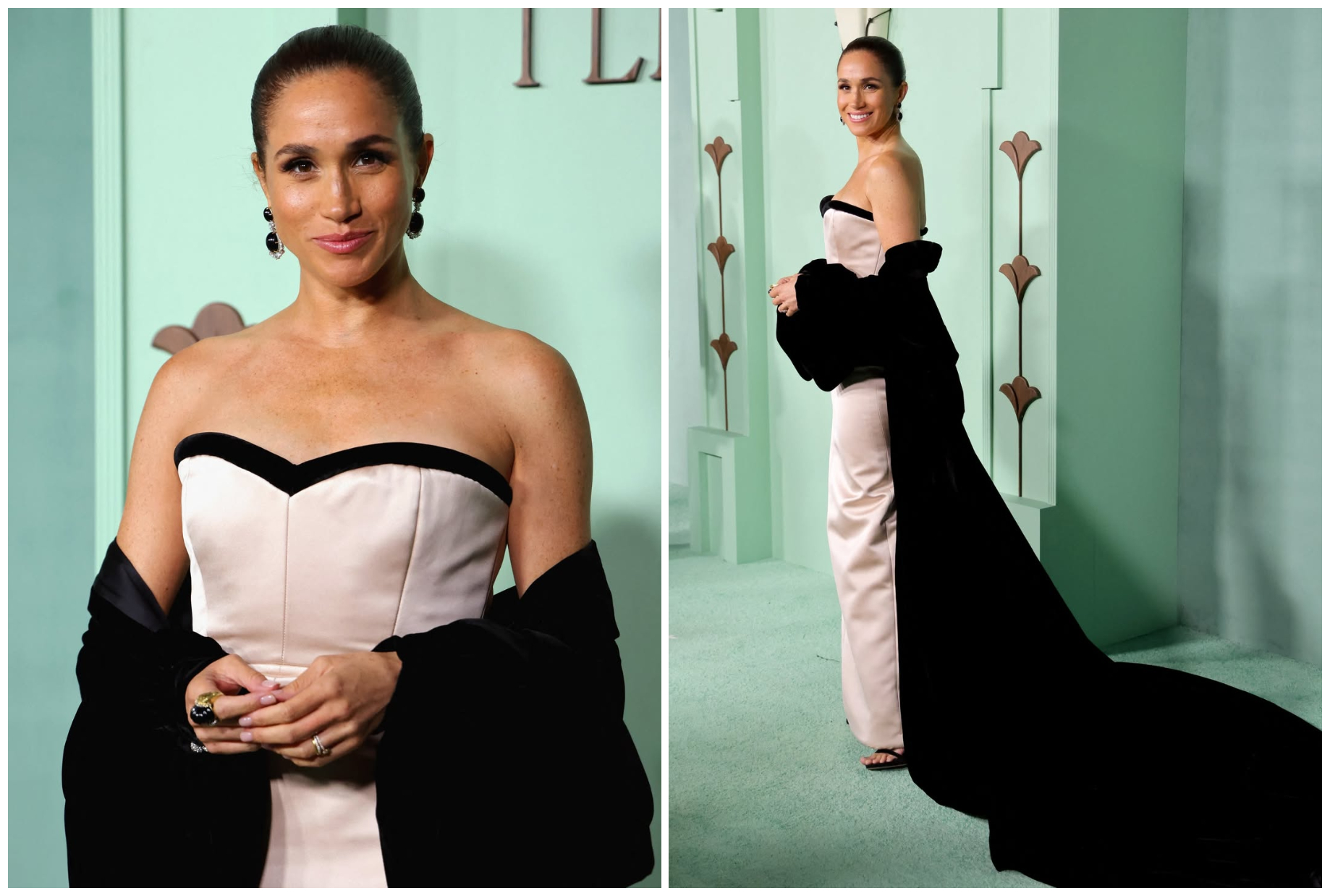 梅根出席慈善晚宴，穿一身Harbison Studio訂製禮服，成為全場焦點。（翻攝sayidaty IG）