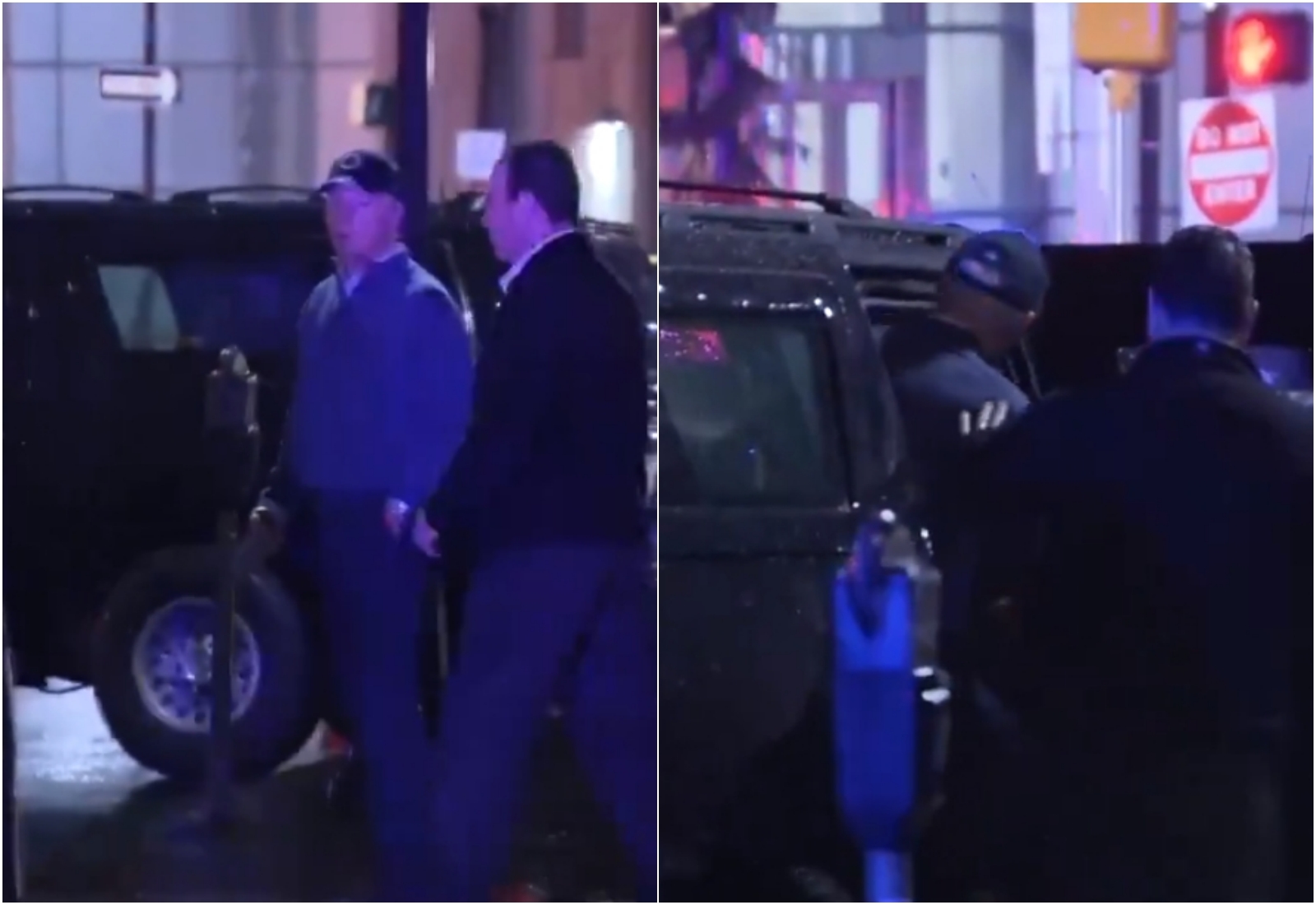 拜登週日晚間從競總離開後，在上車前聽到車隊遭衝撞的聲音，維安人員立刻護送他上車離開。（翻攝自X）