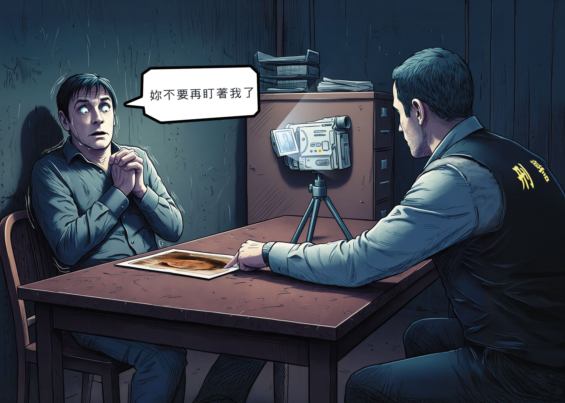 刑警一句「你要老實講啊！死者生氣了！」成功突破共犯沈男心防，也讓原本無法運作的攝影器材恢復正常。（AI繪圖Adobe Firefly生成，本刊美術組後製）