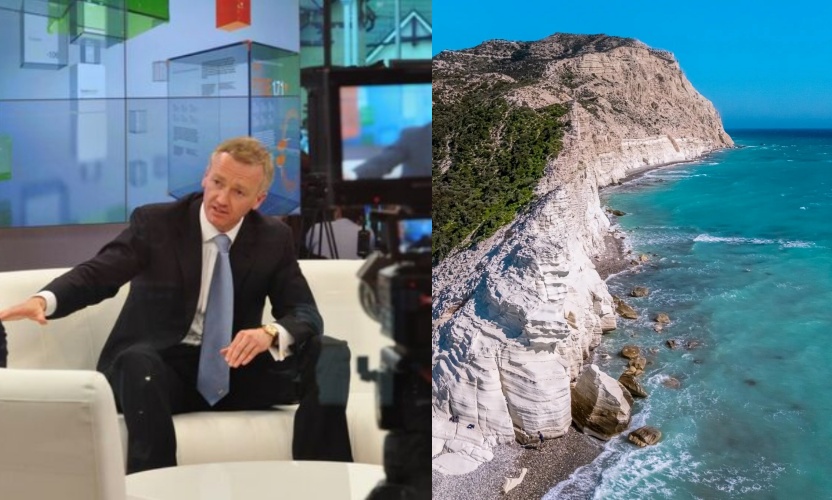 俄國化肥巨頭鮑姆加特納(左圖)離奇於皮蘇里沿海失蹤,其懸崖地形崎嶇,警方持續展開搜尋行動。(翻攝自臉書、賽普勒斯旅遊局)