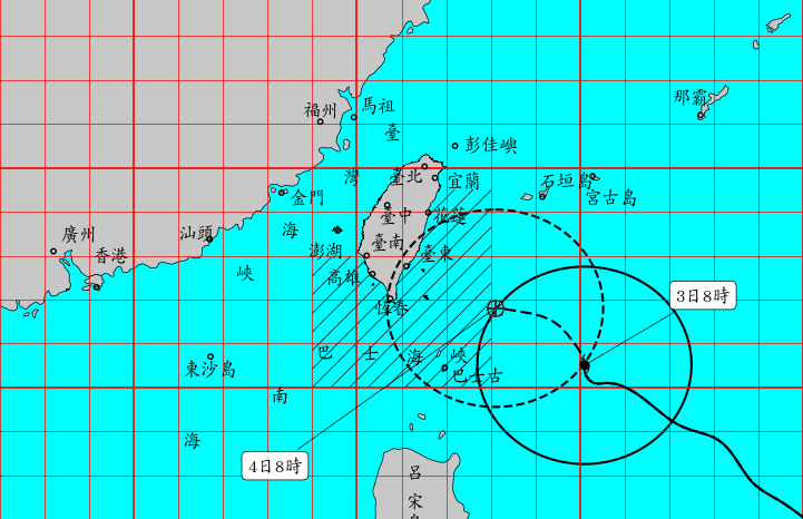今年第14號颱風「小犬」迅速增強，晉升中度颱風，並於2天內路徑大幅北修300公里。（翻攝自氣象署）