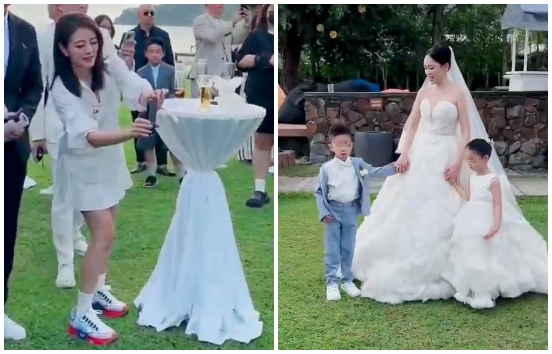 安以軒（左圖）出席陳喬恩婚禮，幫新娘和小花童拍照（右圖）。（翻攝微博）