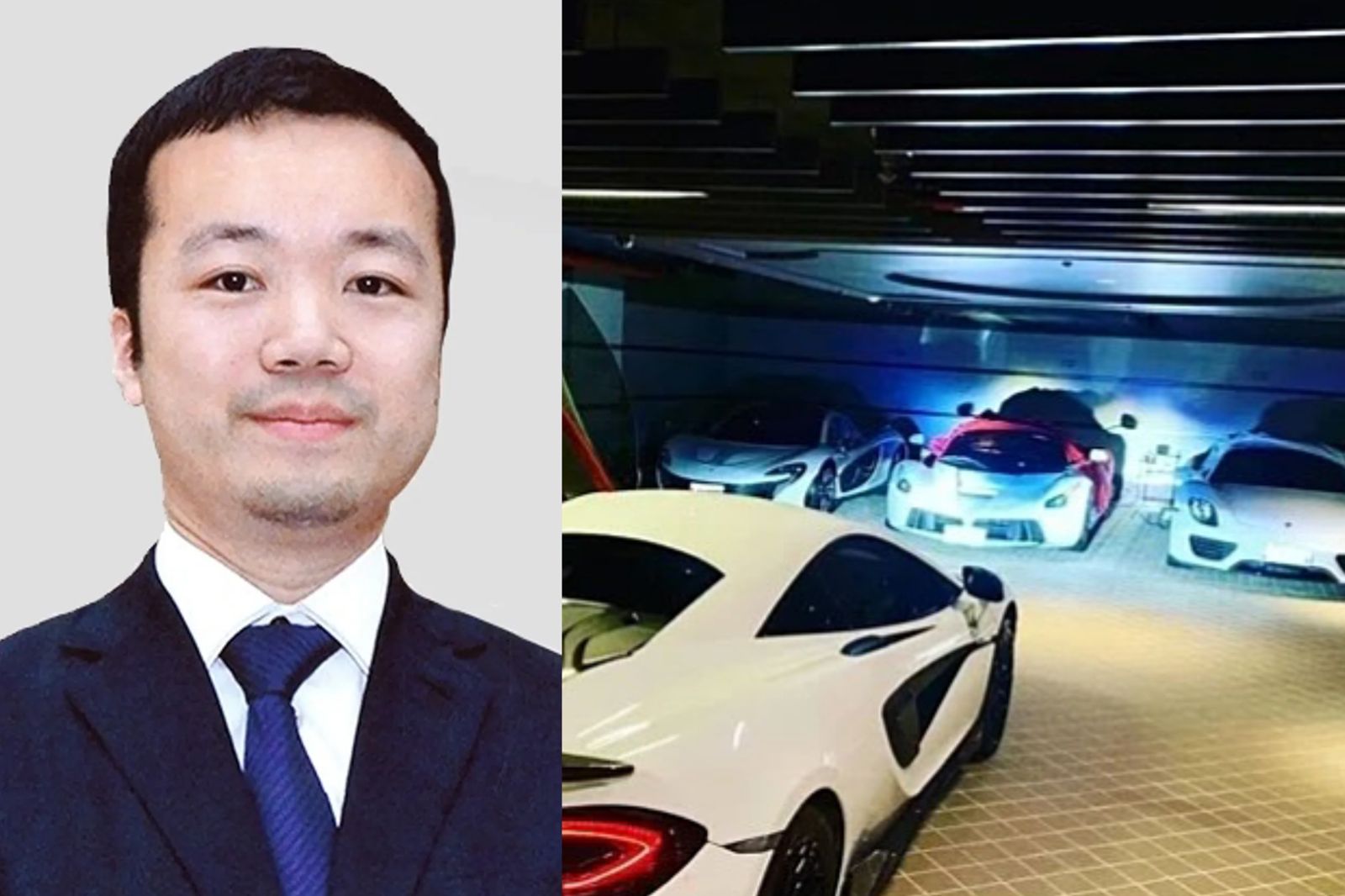 陳志在柬埔寨建立「亞洲最大電詐帝國」，他停在和平大苑地下室的多輛白色超跑照片如今也曝光。（左圖翻攝自太子集團官網、右圖翻攝自疑似陳志化名IG）