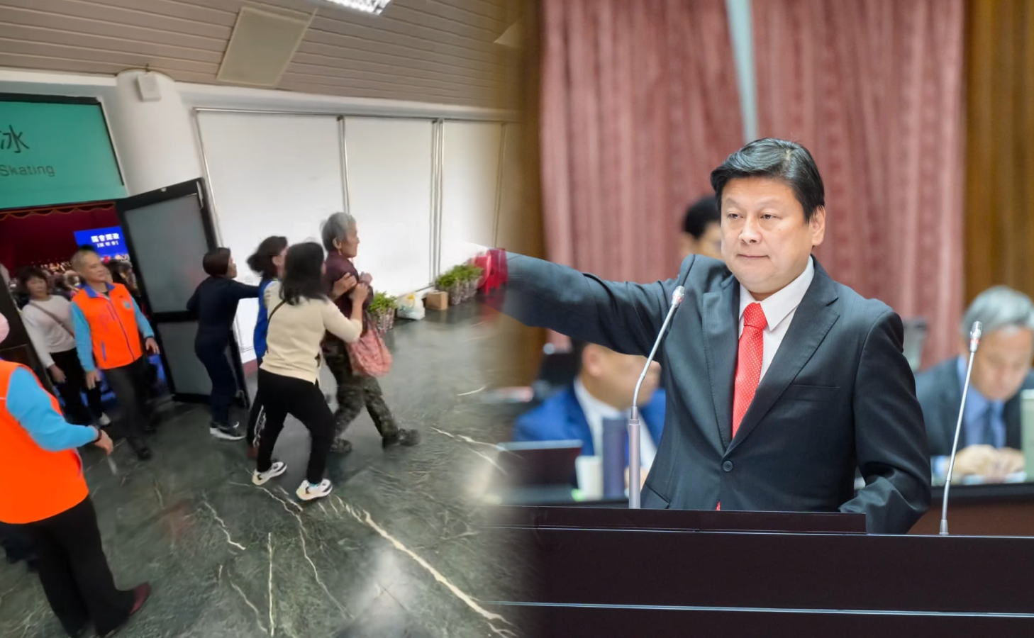 退休老師葉春蓮被架離到說明會場外。（合成圖；翻攝周軒、傅崐萁臉書）