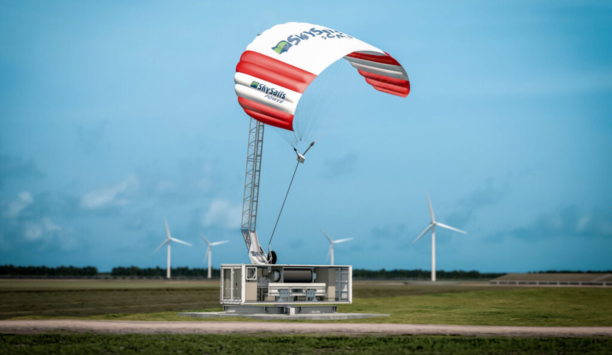 SkySails指出,傳統風力發電站距離地面約200公尺,風帆系統最高可施放至400公尺。(翻攝SkySails官網)