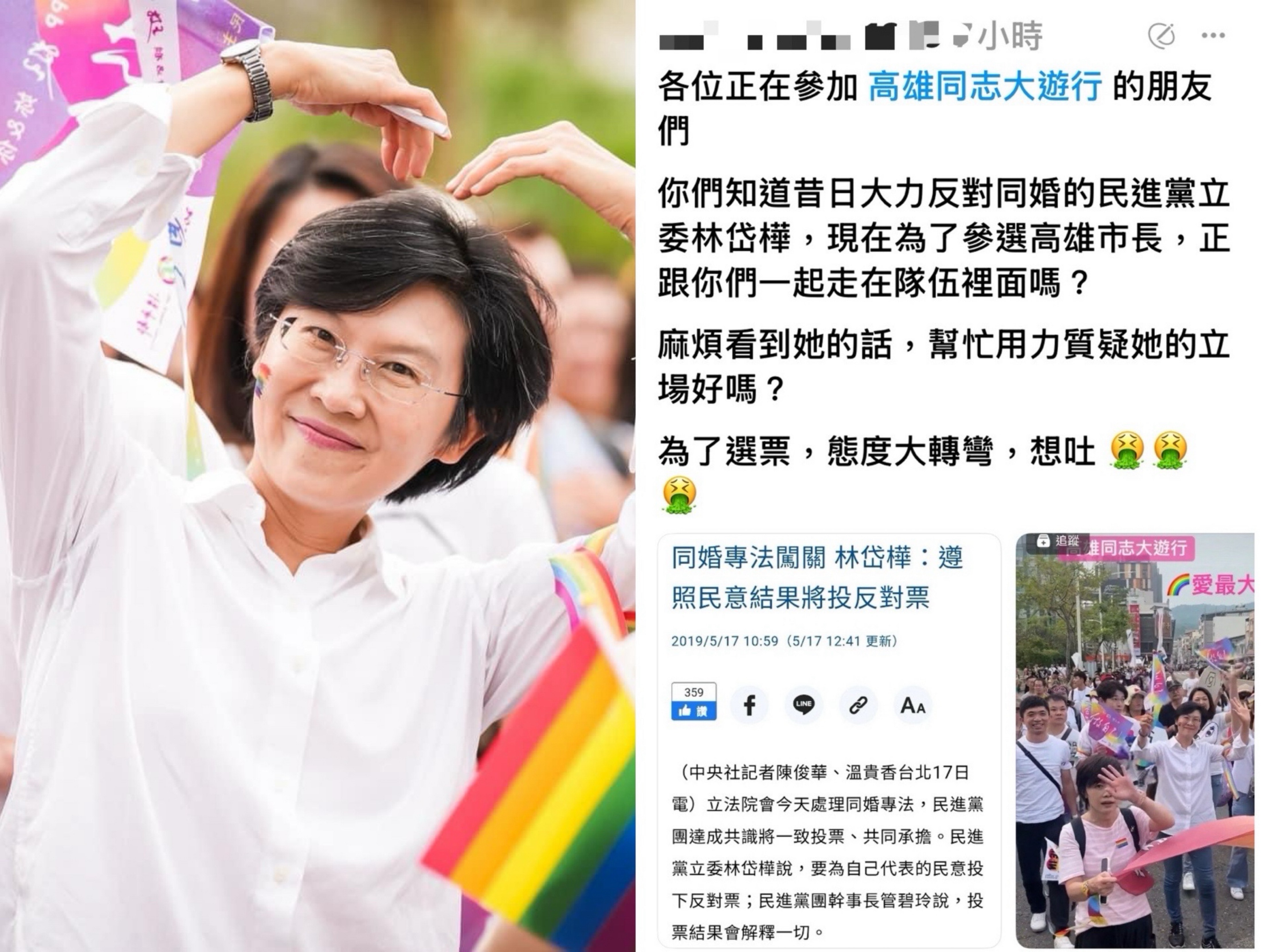 林岱樺參與高雄同志大遊行，引起參與者的側目。（翻攝自林岱樺臉書）