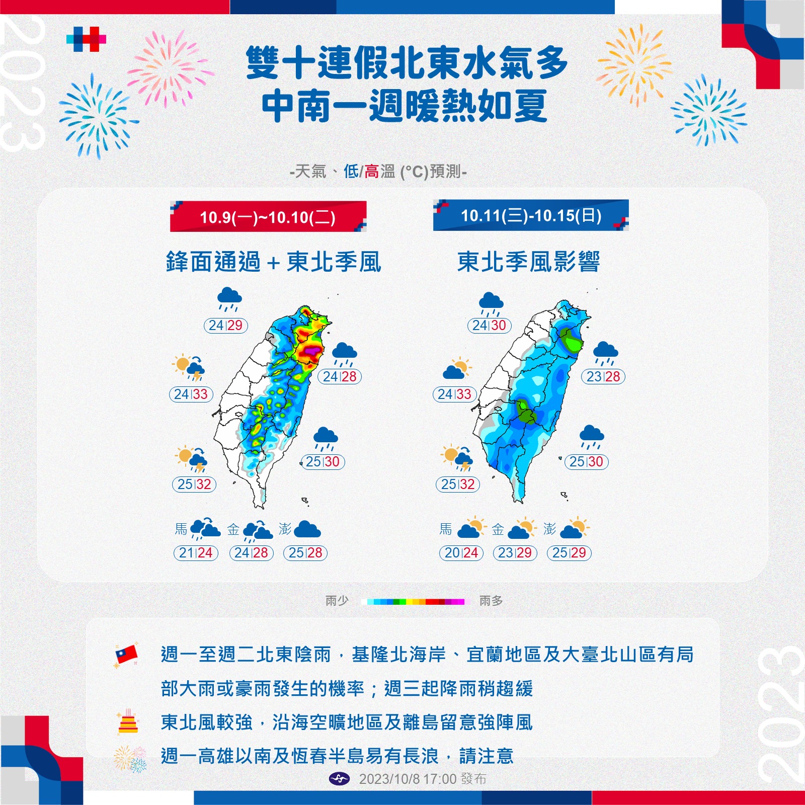 11至15日水氣稍減。(翻攝中央氣象署臉書)