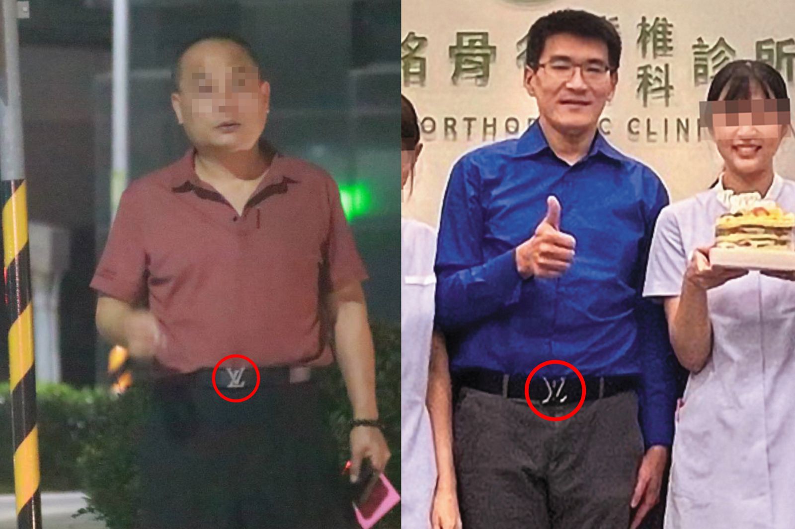 2026/05/18 21：29 趙建銘友人要求記者「別再一直拍了」，陳幸妤認出此人是趙的昔日獄友，巧合的是，本刊直擊對方與趙建銘繫戴同款LV皮帶（黃圈處），且常夜訪趙，可見雙方交情深厚