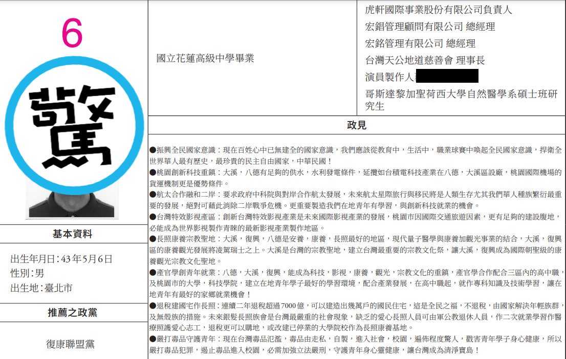 選舉公報居然驚見老牌藝人參選立委。（翻攝選舉公報）