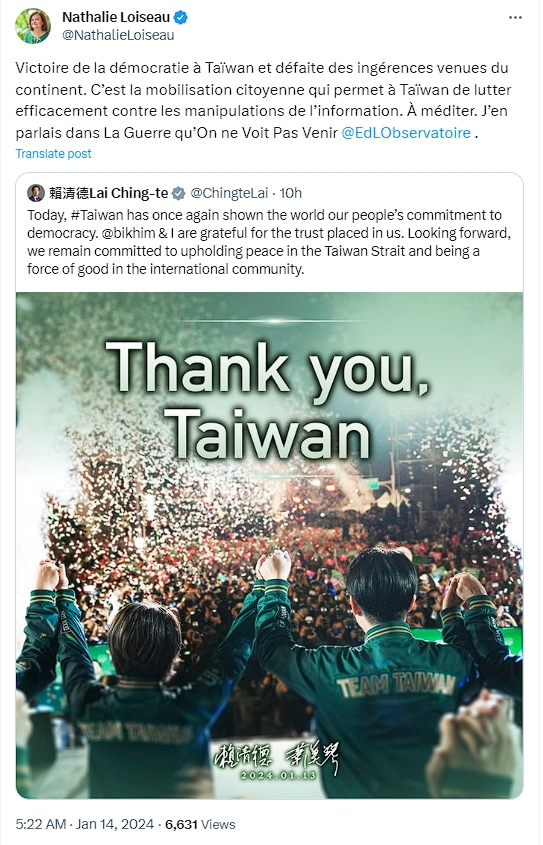 歐洲議會安全與國防小組委員會主席洛瓦索轉發賴清德勝選貼文表示,台灣民主的勝利,擊敗了來自中國大陸的打壓。(翻攝自X)