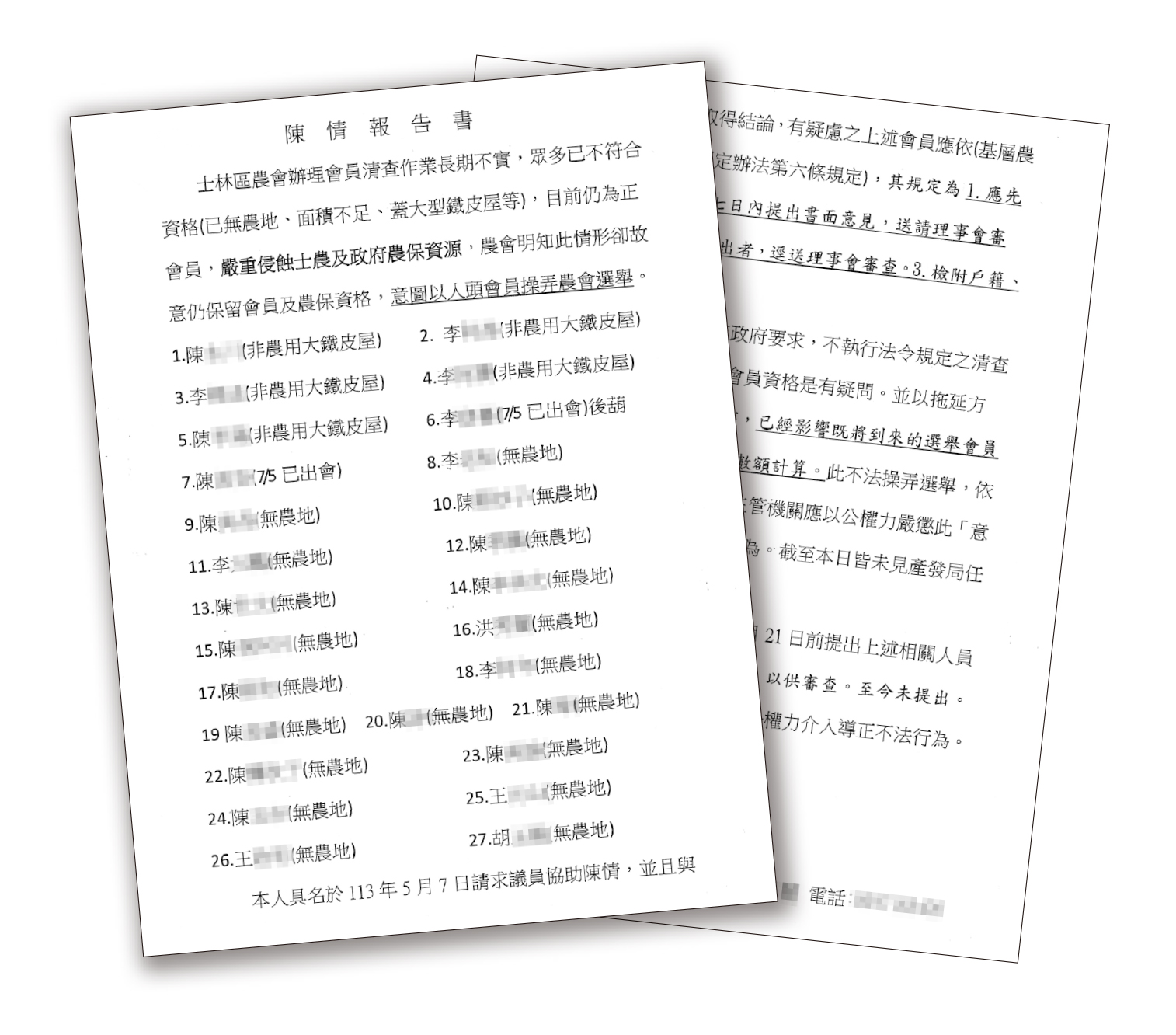 去年5月,檢舉人已向北市議會、產發局陳情,士林區農會有多名會員資格不符,問題嚴重。(讀者提供)