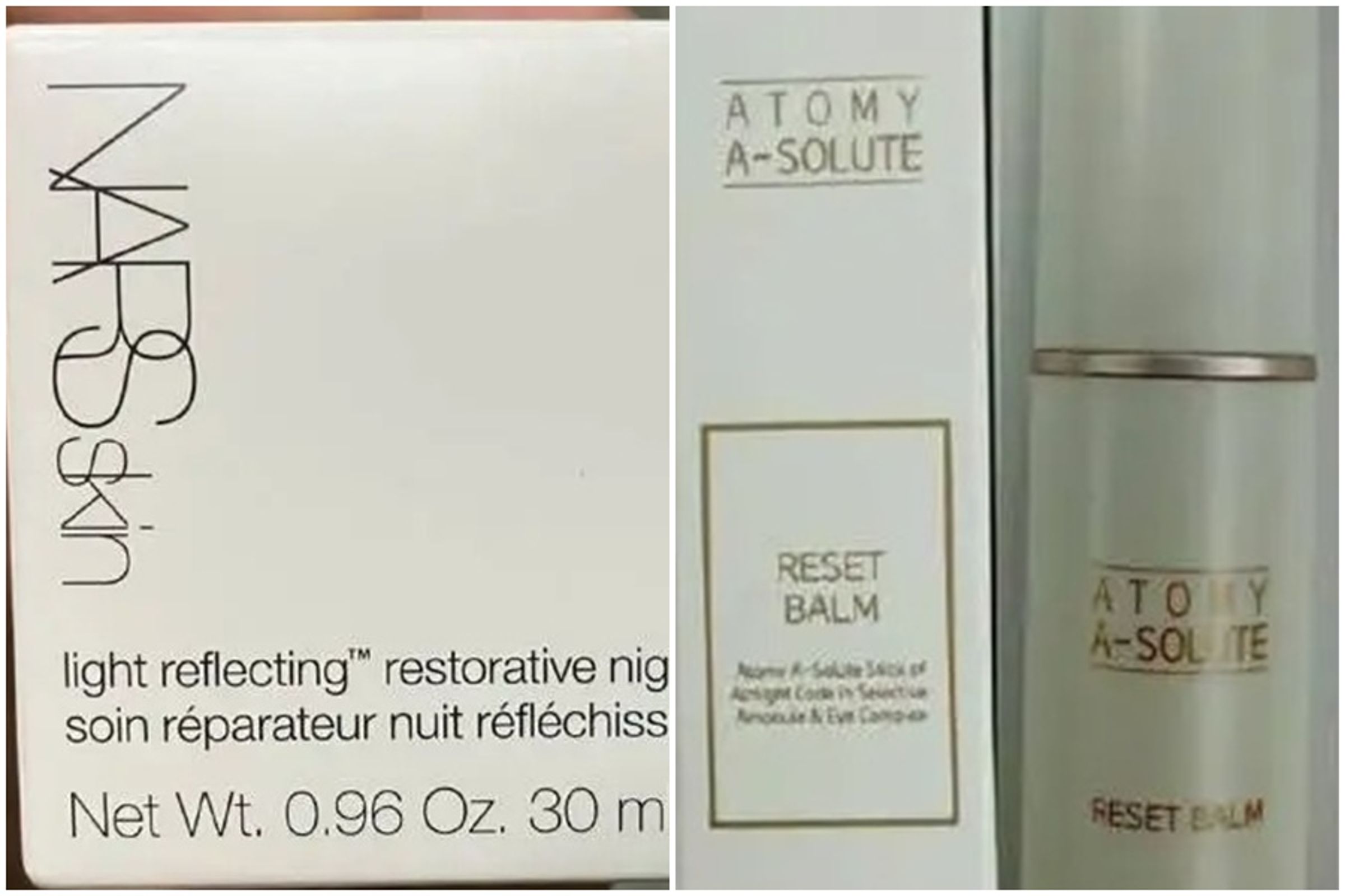食藥署新增18項蘇丹紅疑慮化妝品，其中2項自國外進口，分別為法倈麗NARS修護霜、艾多美撫紋萬用棒。（食藥署提供）