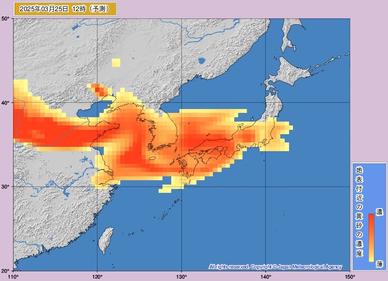 來自中國的沙塵暴，明將襲日韓！專家稱「這波很強勁」。（翻自荒木健太郎X平台）