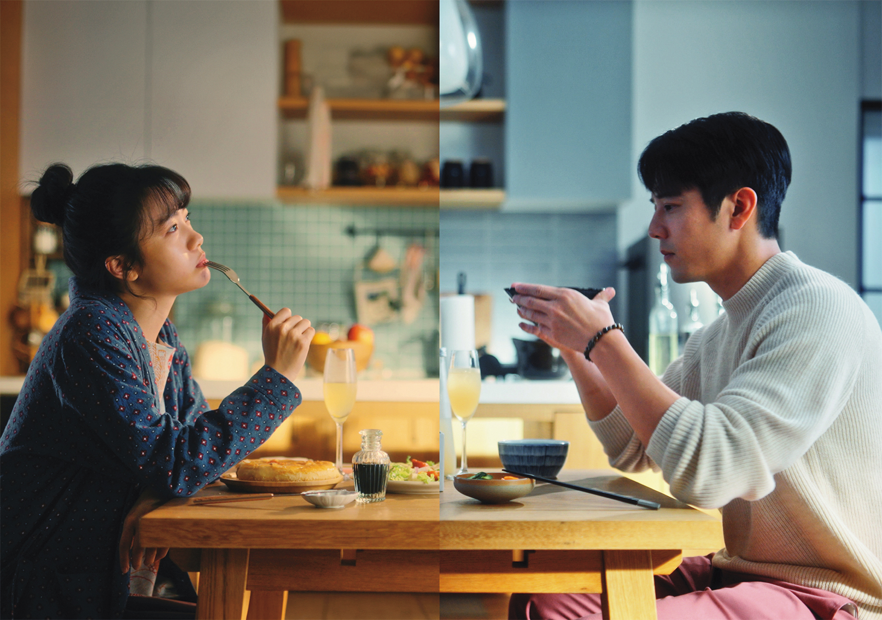 胡宇威（右）與李玲葦（左）各自完成拍攝，再後製合併成看似面對面共餐的畫面。（公視+提供）