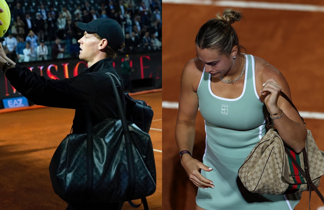 （左起）Jannik Sinner、Aryna Sabalenka分別在公開賽期間，背起時尚包款進場。（古馳提供）