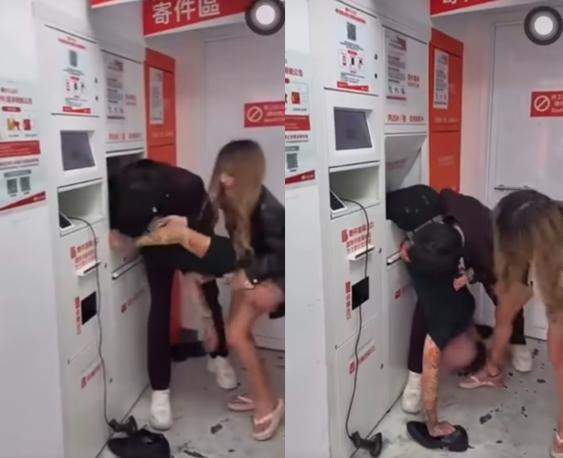 一群屁孩把蝦皮自助取貨店當成遊樂場。（翻攝自Threads@dafeiji2025__）