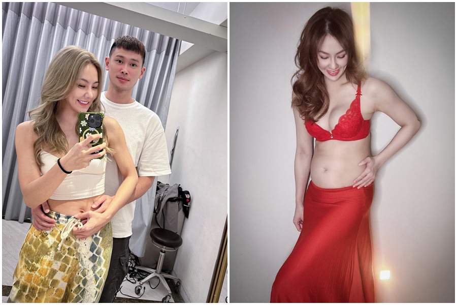 藝人劉雨柔大年初一曬出孕肚報喜，左圖為她和職籃球員男友胡凱翔曬恩愛。（翻攝自劉雨柔臉書）