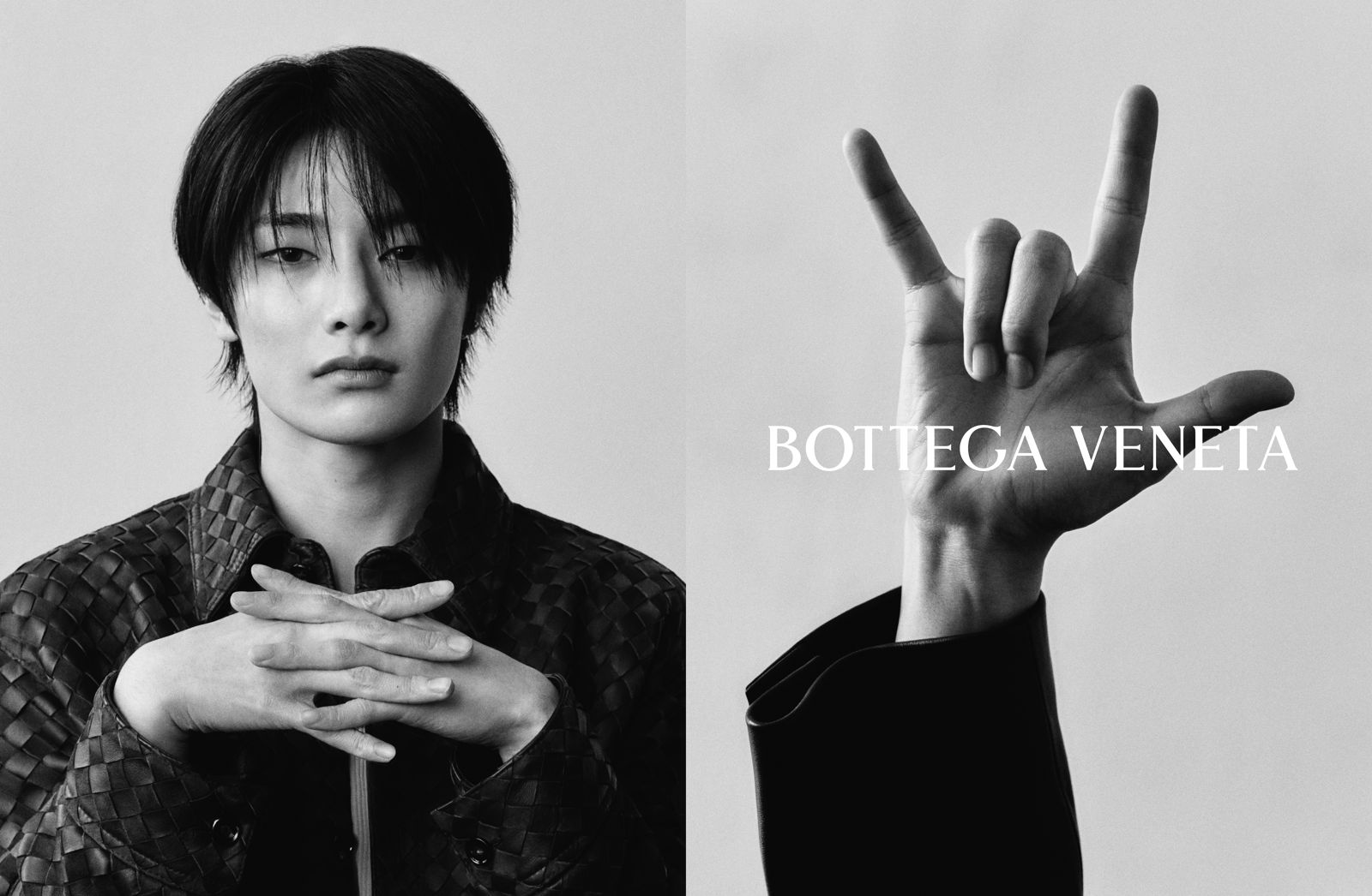 韓團Stray Kids主唱、品牌大使I.N與對應的手勢。（BOTTEGA VENETA提供）