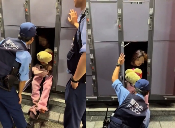 日本東京歌舞伎町出現離奇畫面——女子竟抱著小熊維尼睡在置物櫃裡，畫面曝光後全網震驚。（翻攝自X）