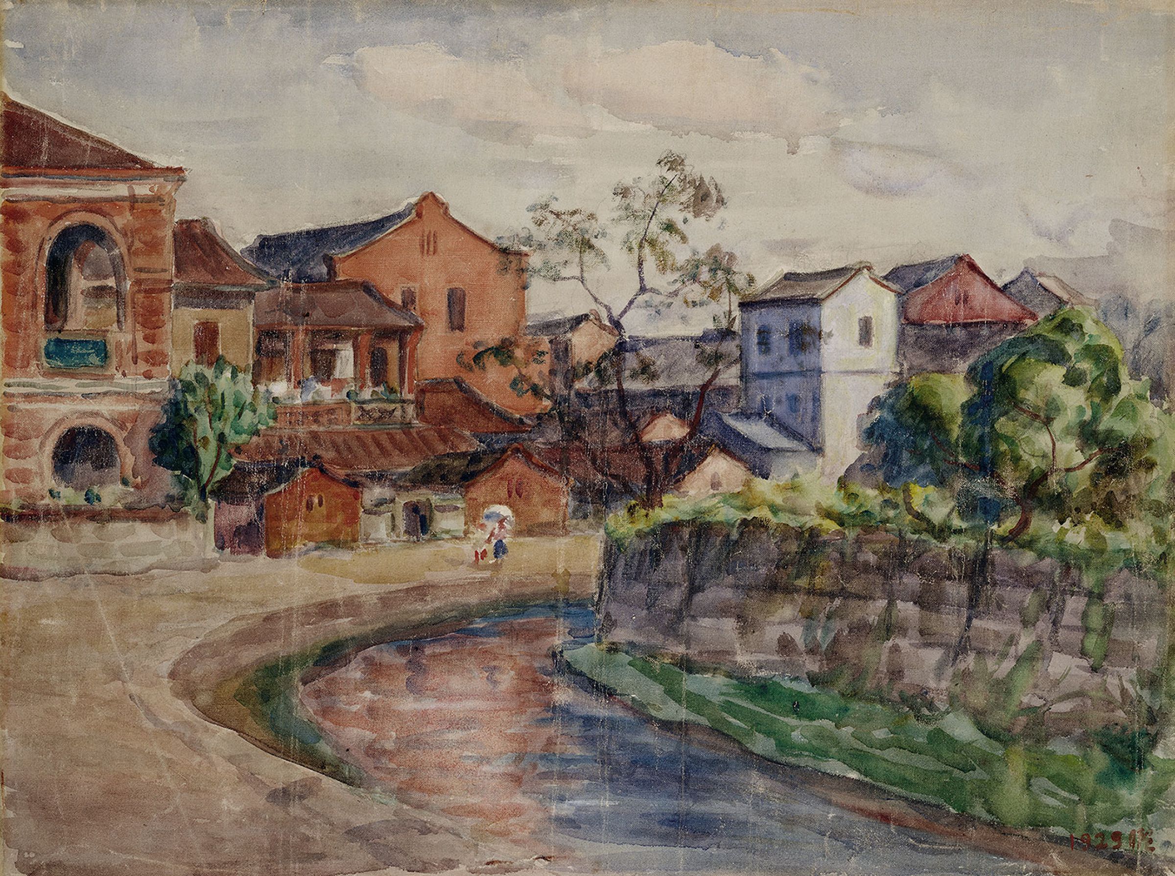 倪蔣懷的《裏通》描繪了1920年代大稻埕港仔溝的風光。（臺北市立美術館典藏）
