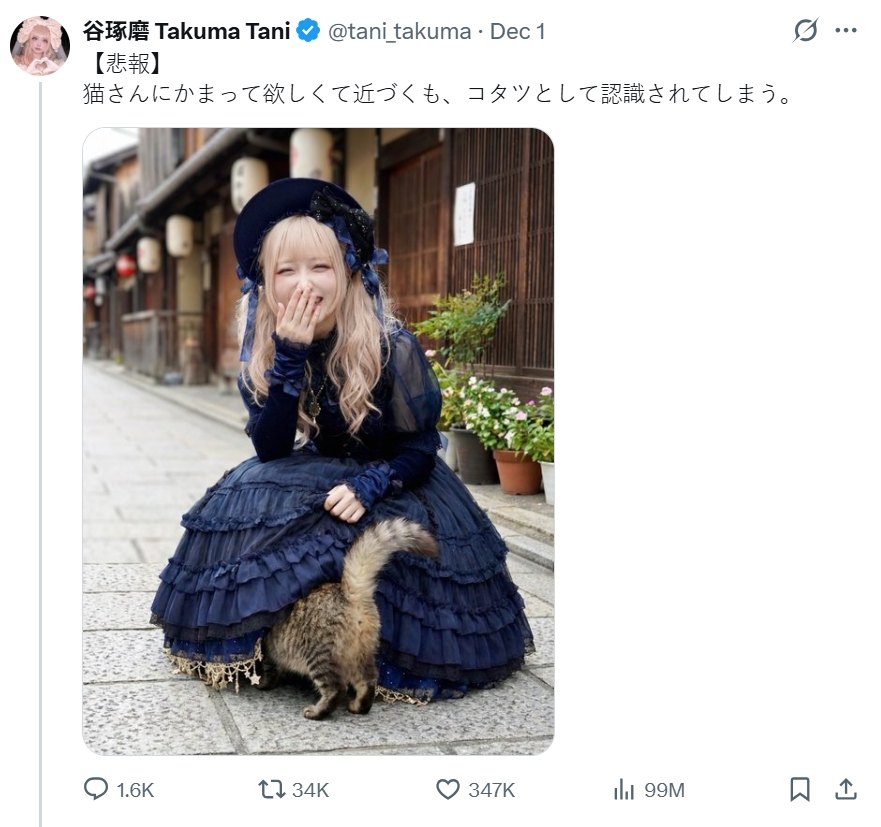 谷塚磨這張和貓密的互動照片一天累積近億次瀏覽。(翻攝自X @tani_takuma)