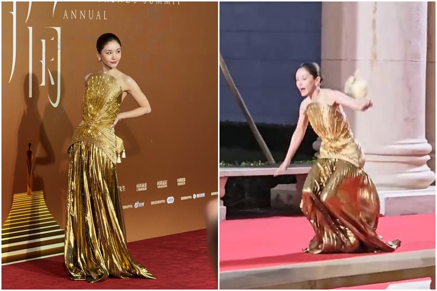 中國女星王子文近日出席時尚活動，穿著一襲金色禮服走紅毯時不慎踩到裙襬慘摔。（翻攝自微博）