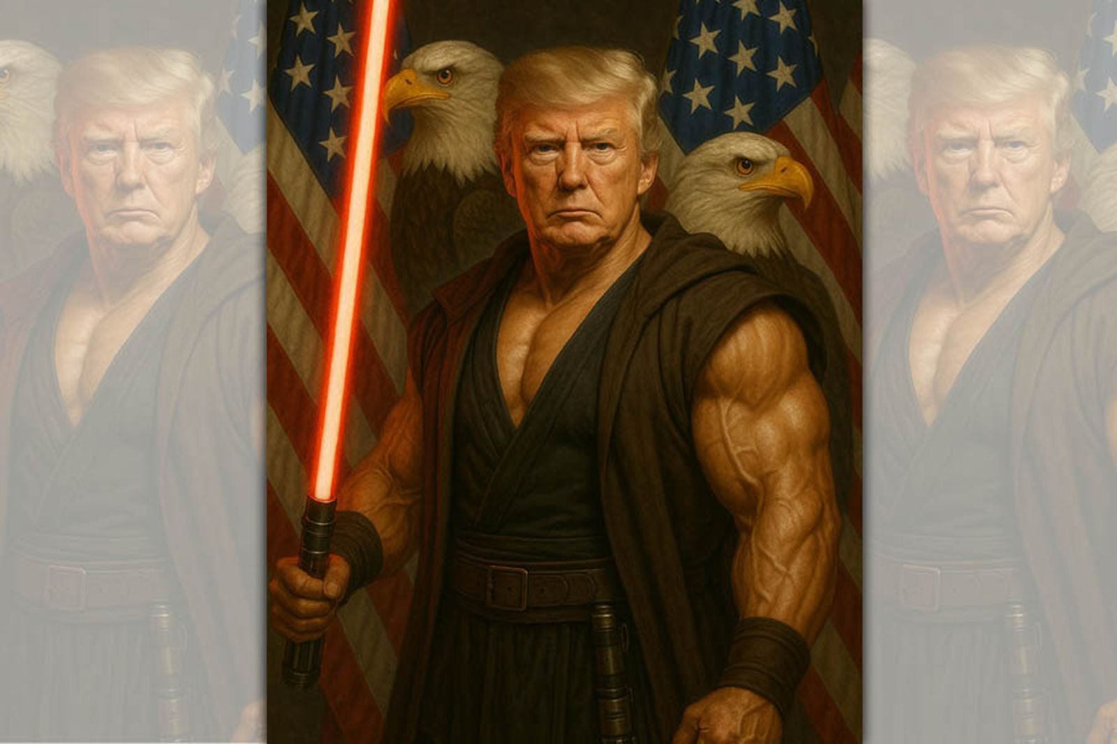 川普AI照中手拿代表反派的紅色光劍,引發熱議。(圖/翻攝自The White House臉書)
