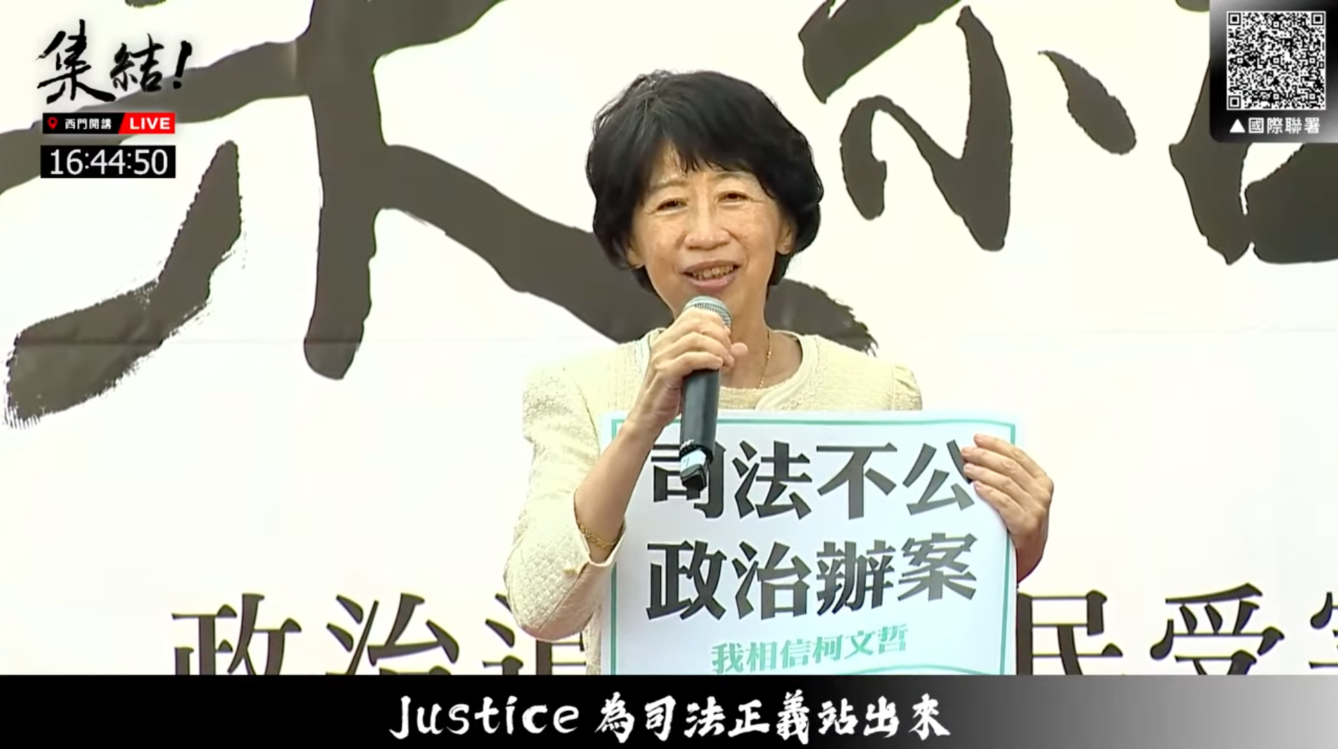 陳佩琪手舉著「司法不公，政治辦案」標語，意外現身活動現場。（翻攝自館長惡名昭彰YouTube）