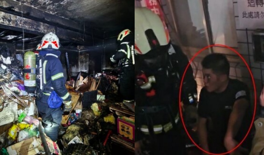 英雄最後身影...氧氣只剩10bar仍不退!基隆消防小隊長詹能傑(紅圈處)為救人犧牲生命。(翻攝畫面)