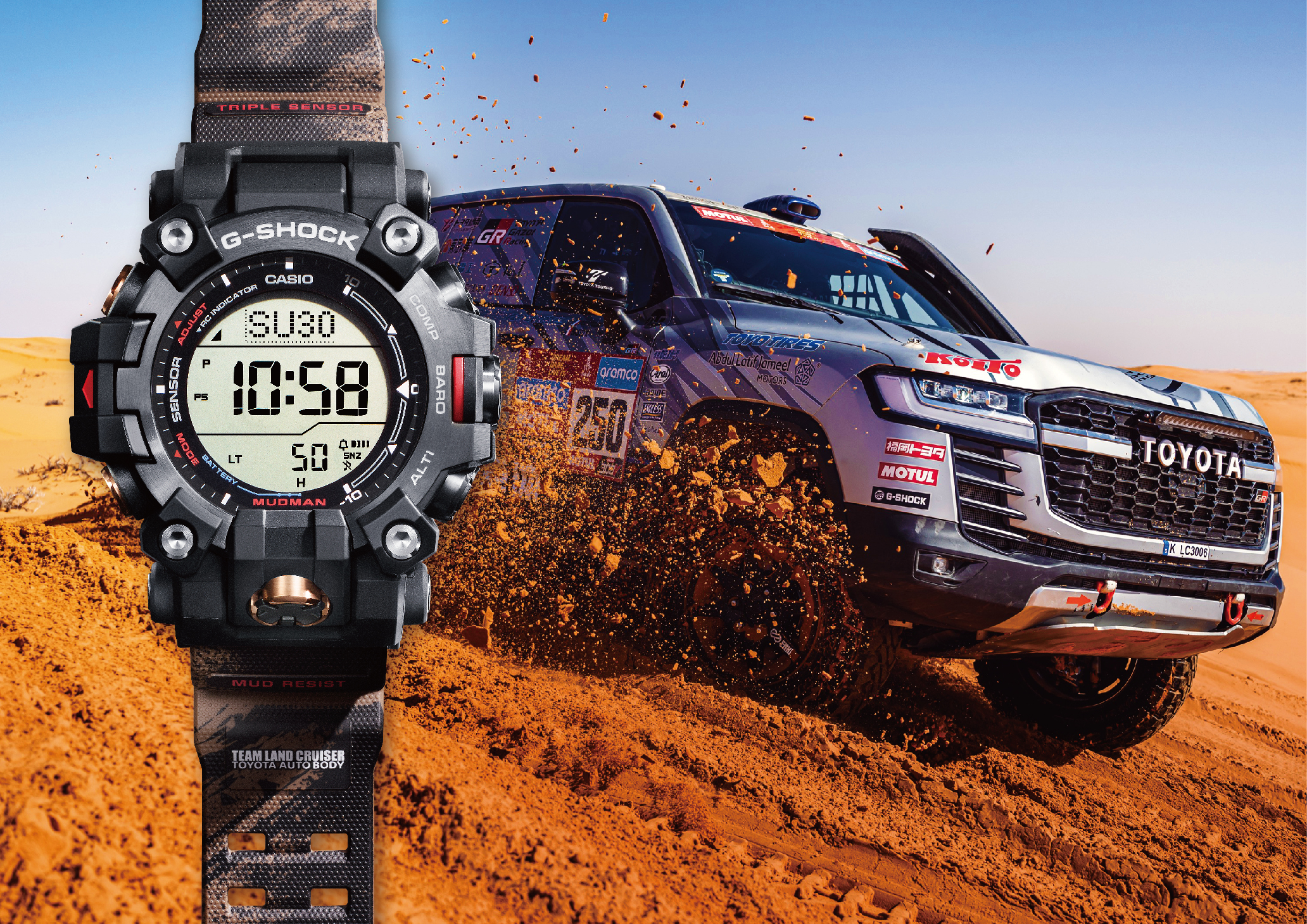 G-SHOCK與TOYOTA旗下的Team Land Cruiser Toyota Auto Body車隊合作，打造聯名錶款GW-9500TLC-1，定價NT$14,000。