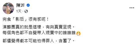 網紅陳沂評論《影后》，認為劇本含蓄了。（翻攝自陳沂臉書）