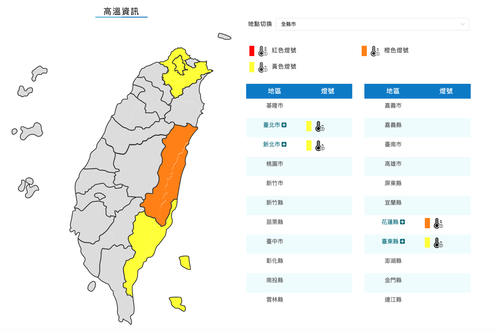 今日各地普遍高溫，尤其花蓮亮起橙燈。（氣象署提供）