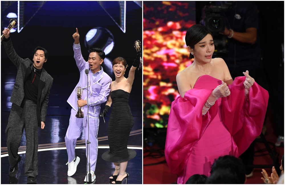 陳漢典、吳宗憲、Lulu敲鐘成節目類最高收視。蔡淑臻（右圖）奪后感性發言謝謝自己，也成為戲劇類頒獎典禮最高收視。（三立提供）