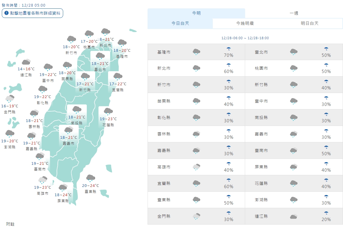中央氣象署說明今日各地天氣狀況。（翻攝自中央氣象署）