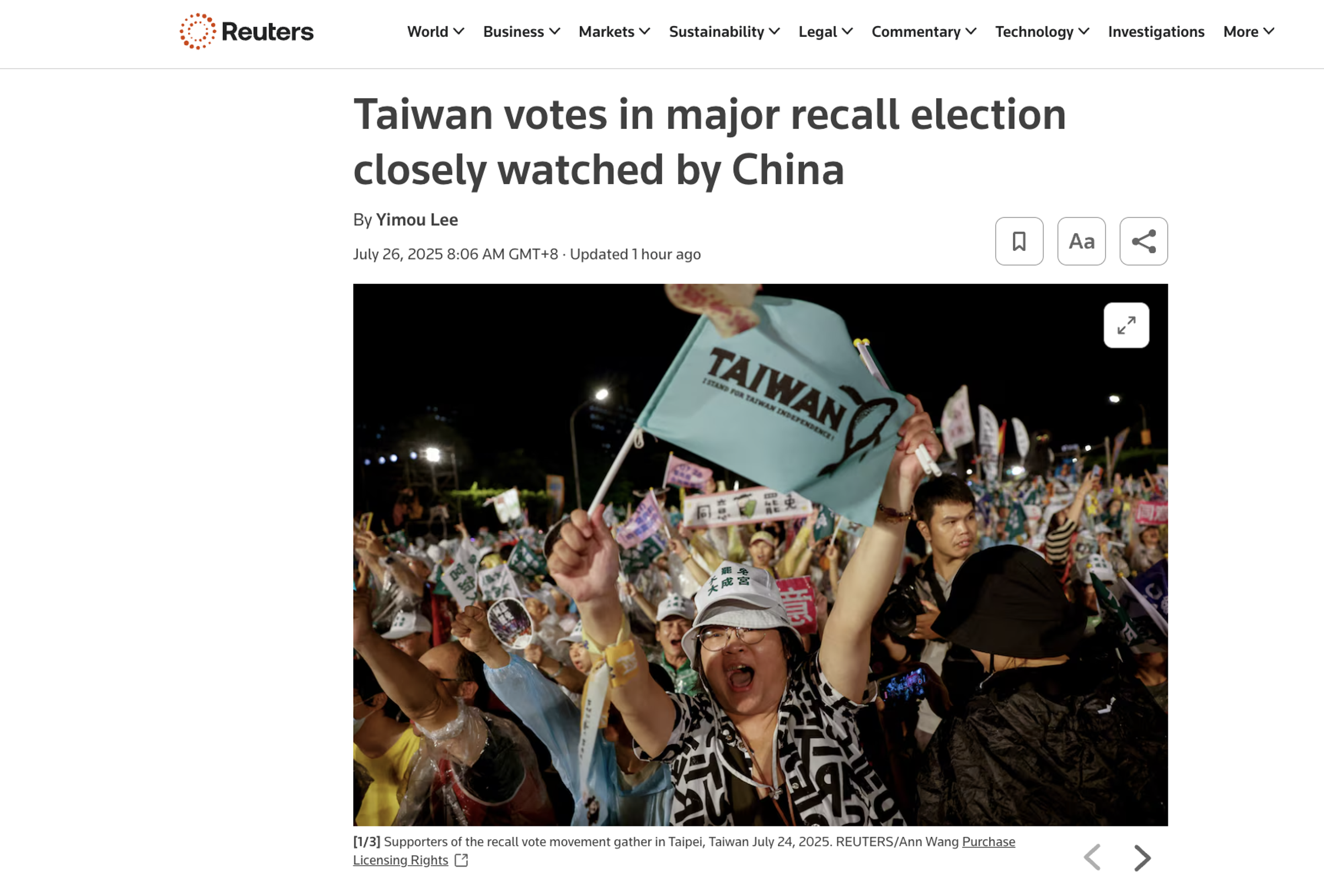《路透社》今天上午發自台灣的報導,指這場選舉被視為「對北京立場的一次投票」,中國當局正密切觀察投票走向。(翻攝自路透社)