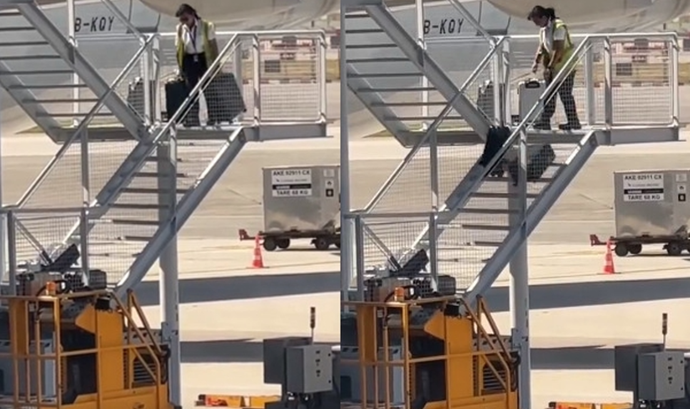 國泰航空地勤人員卸行李時，粗暴將客人行李從樓梯上直接往下丟。（翻攝微博）